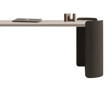 A modern bench with a rectangular seat and curved, upholstered sides. The seat appears to be made of wood with a light grain pattern, while the sides are covered in a dark, textured fabric. — 3D model