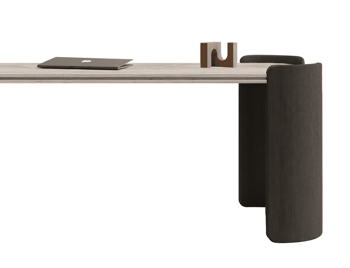 A modern bench with a rectangular seat and curved, upholstered sides. The seat appears to be made of wood with a light grain pattern, while the sides are covered in a dark, textured fabric. — 3D model