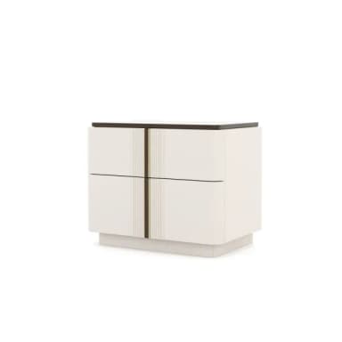 A modern, two-drawer nightstand with a glossy white finish. The front of the drawers features vertical ribbed detailing in a darker accent color, bisected by a central vertical line. The top surface is dark and appears to be a contrasting material. The unit is supported by a solid base. — 3D model