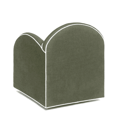 A single-seat armchair with a rounded back and arms, upholstered in a textured fabric. It features contrasting white piping along the edges of the arms, back, and base. The chair has a square, low-profile base that appears to be made of a polished metal. — 3D model