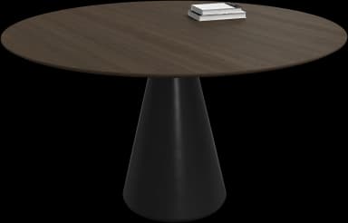 A round table featuring a dark wood-grain top and a black conical pedestal base. — 3D model