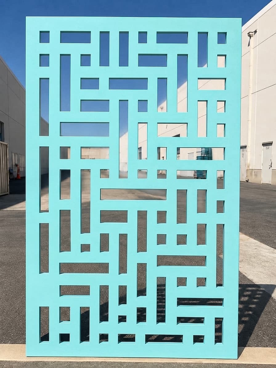 A rectangular panel featuring a complex geometric perforated pattern, rendered in a solid light blue-green color. It stands upright, suggesting its use as a partition or decorative screen. — 3D model