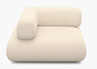 A single modular seating unit, characterized by a plush, textured off-white (cream) boucle fabric. It features a rounded left armrest and a corresponding backrest, indicating it is designed to be part of a larger sectional sofa configuration. The design is contemporary with soft, organic lines and a low profile. — 3D model