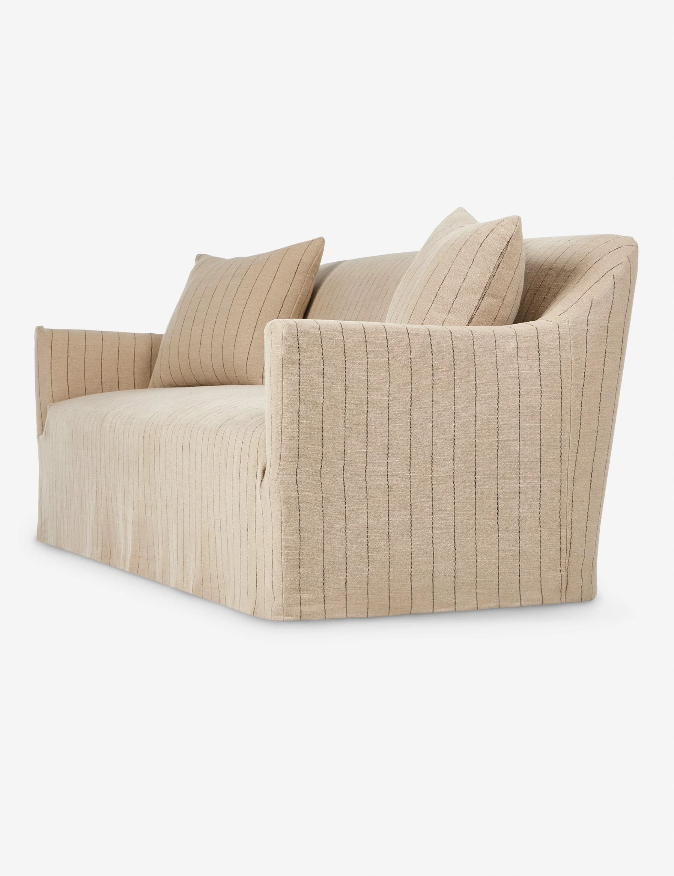 A modern upholstered loveseat featuring a skirted base and two back cushions, covered in a light beige fabric with subtle black vertical stripes. — 3D model