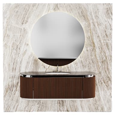 A contemporary wall-mounted bathroom vanity featuring an elongated oval cabinet base with dark brown fluted wood paneling, topped with an oval grey engineered stone countertop. It includes an integrated white ceramic sink and a chrome single-handle faucet. Above the vanity is a matching large oval mirror with integrated LED backlighting, completing a sleek and functional bathroom ensemble. — 3D model