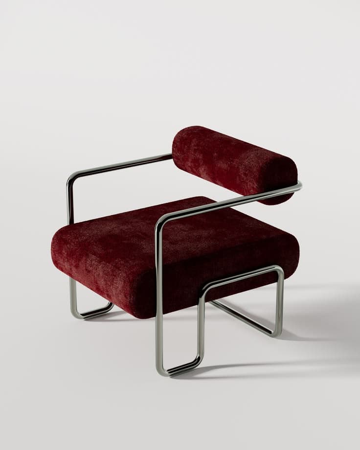 A modern armchair featuring a polished chrome tubular steel frame with red velvet upholstered seat and cylindrical backrest. The design is minimalist and geometric, reminiscent of Bauhaus aesthetics. — 3D model