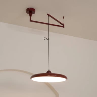 A minimalist, adjustable ceiling-mounted pendant light featuring a deep red finish. The light consists of a cylindrical ceiling rose from which an articulated arm extends. A thin cord suspends a flat, disc-shaped diffuser, allowing for height adjustment via a small loop mechanism on the cord. The design is sleek and contemporary. — 3D model