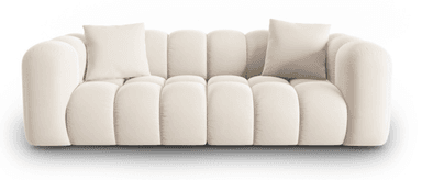 A contemporary three-seater sofa featuring plush, channel-tufted upholstery in a cream color, with softly rounded arms and back. Two matching throw pillows are included. — 3D model