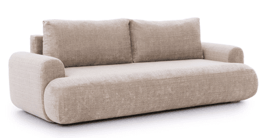 A modern sofa with a low profile and rounded armrests. It features two large back cushions and a wide seat cushion. The upholstery has a textured weave and appears to be a neutral tone. — 3D model