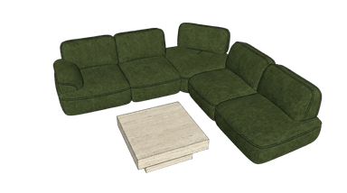 A contemporary modular sectional sofa upholstered in a dark green corduroy fabric, presented in an L-shaped configuration. The sofa consists of multiple individual units with plush, rounded cushions and piped seams, providing a comfortable and versatile seating solution. Accompanying the sectional is a square, two-tiered coffee table made from light-colored travertine stone, positioned in the corner of the sectional. — 3D model