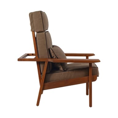 A wooden armchair with upholstered cushions. The armchair features a slatted wooden frame with wide, flat armrests. The seat, backrest, and an attached headrest are covered in brown fabric with black piping. A single lumbar cushion is placed on the seat. The design suggests a modern or contemporary aesthetic with a focus on natural materials. — 3D model