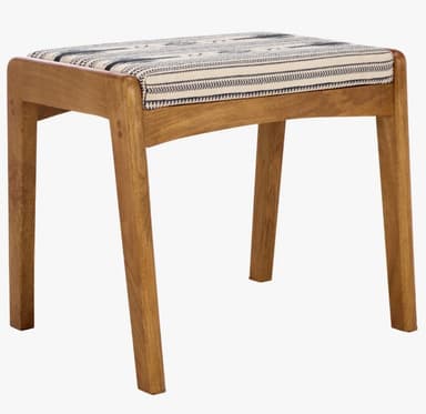 A modern wooden upholstered stool featuring a light brown wood frame with subtly rounded edges and four tapered legs. The seat is padded and covered in a fabric with a distinctive pattern of black, white, and beige stripes and geometric motifs. — 3D model