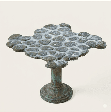 A unique pedestal table featuring an irregularly shaped tabletop composed of natural pebbles set in a white cementitious grout. The base is a single, ornate pedestal made of metal, likely bronze or copper, exhibiting a distinct verdigris patina, indicating age or a deliberate aged finish. The overall aesthetic is rustic and artisanal. — 3D model