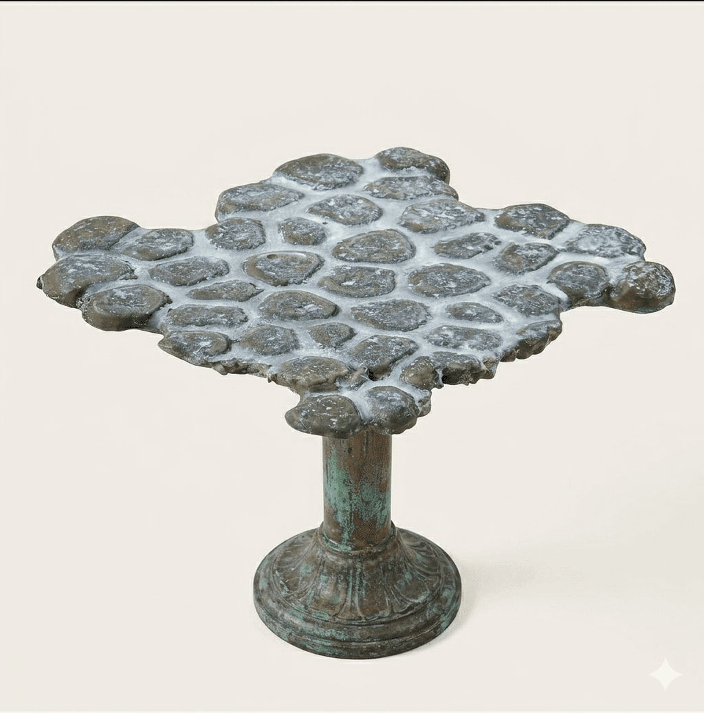 A unique pedestal table featuring an irregularly shaped tabletop composed of natural pebbles set in a white cementitious grout. The base is a single, ornate pedestal made of metal, likely bronze or copper, exhibiting a distinct verdigris patina, indicating age or a deliberate aged finish. The overall aesthetic is rustic and artisanal. — 3D model