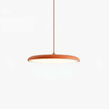 A modern, minimalist white disc-shaped pendant light suspended from a ceiling rod. It features an integrated light source providing downward illumination through a wide diffuser. — 3D model