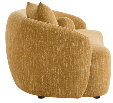 A modern sofa with a rounded silhouette. It features a textured, woven upholstery in a warm, golden-yellow hue. The sofa includes two decorative pillows: one square and one spherical, both matching the sofa's upholstery. The design emphasizes soft lines and a comfortable aesthetic. — 3D model