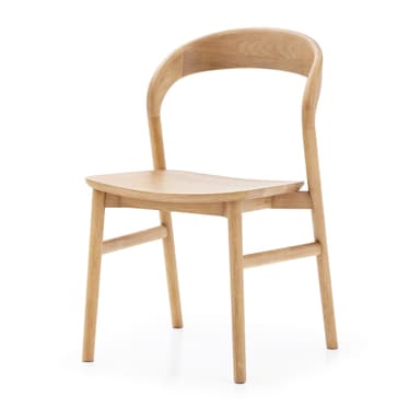 A light-toned solid wood chair, likely oak or ash, featuring a minimalist design with a smoothly curved backrest and a subtly contoured seat. It has four straight, round legs connected by stretchers, and no armrests. — 3D model