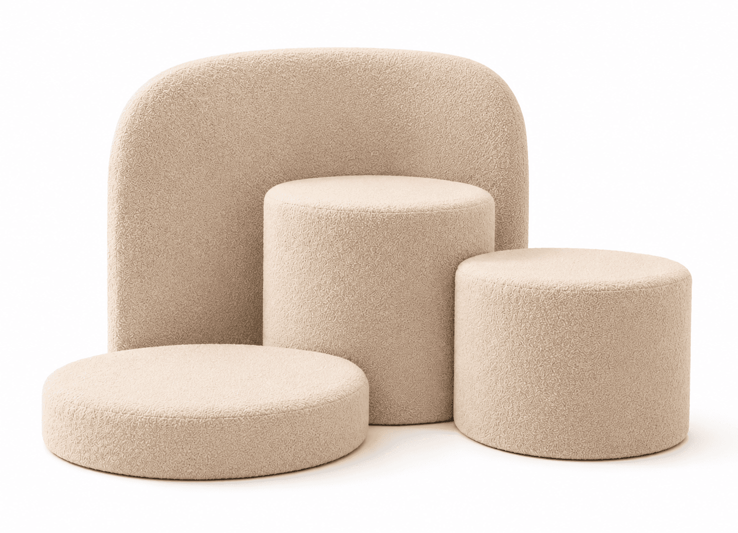 A set of three rounded ottomans of varying heights and one larger rounded backrest element, upholstered in a textured boucle fabric. The largest element has a curved, shield-like shape, serving as a backrest or partition. The two smaller cylindrical elements and one flat circular element are designed as seating or footrests. — 3D model