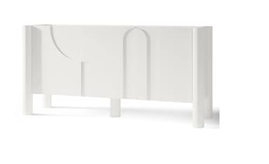 A modern white sideboard with a curved front panel and distinct vertical detailing. It features four cylindrical legs and a clean, minimalist design. The top surface appears flat and continuous. — 3D model