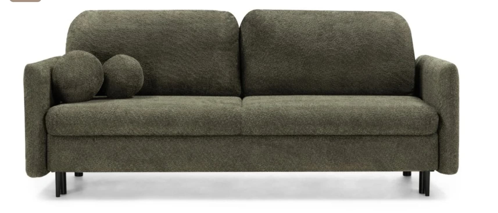 A modern two-seater sofa upholstered in a dark olive green, textured fabric. It features softly rounded armrests, two large, loose back cushions, and two small round accent pillows. The sofa is supported by four slender, black metal legs. — 3D model