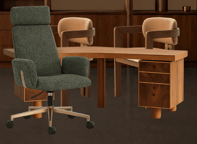 A high-back office chair upholstered in green textured fabric, featuring padded armrests and a gold-finished five-star swivel base with casters. — 3D model
