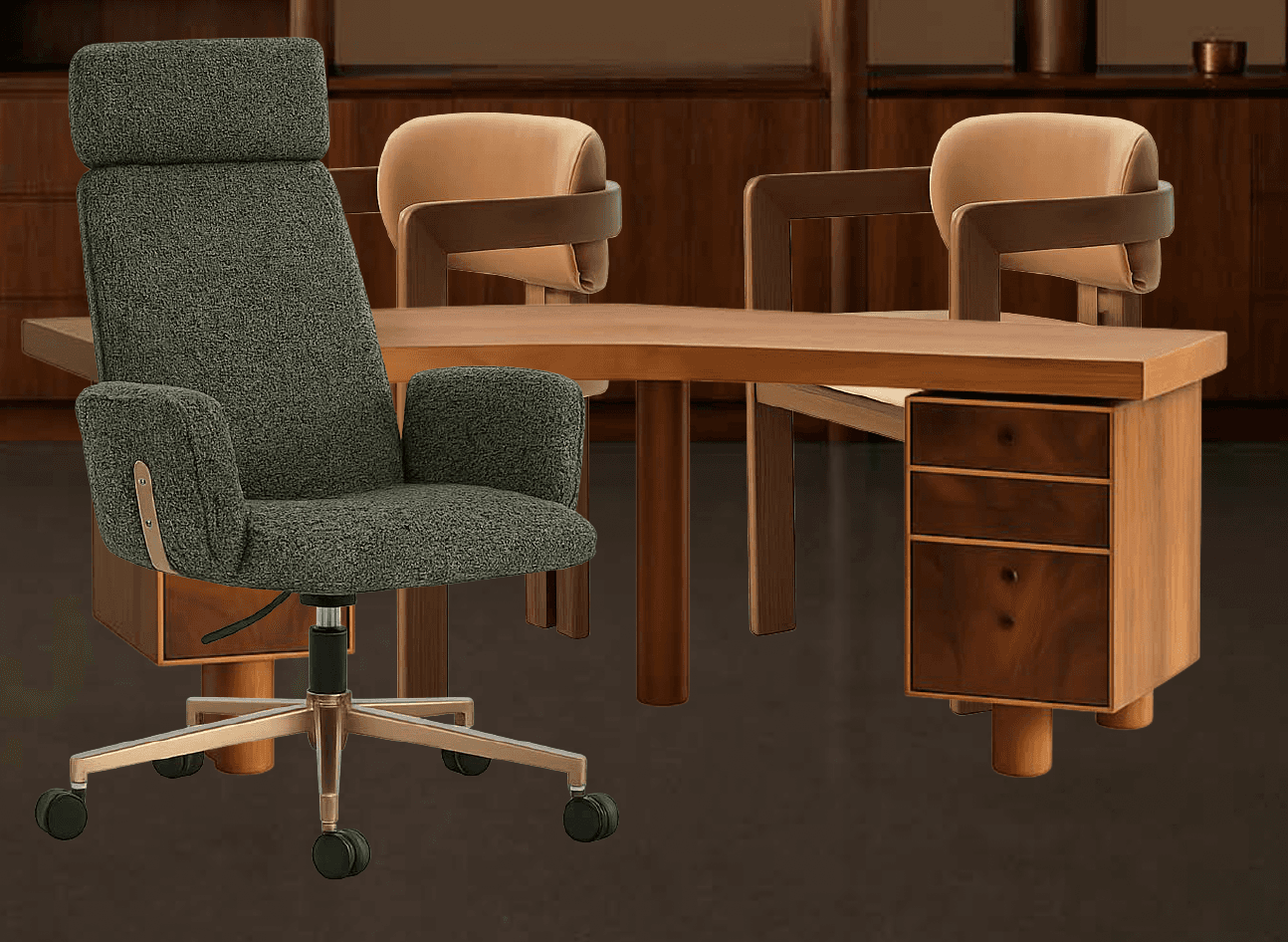 A high-back office chair upholstered in green textured fabric, featuring padded armrests and a gold-finished five-star swivel base with casters. — 3D model
