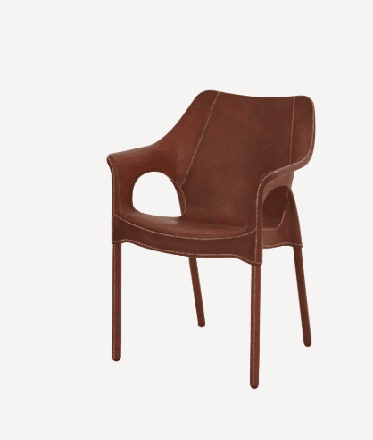 A contemporary armchair featuring a seamless design, fully upholstered in rich brown leather with prominent white contrast stitching. The chair has an ergonomic, curved form, integrated armrests, and four sturdy legs also wrapped in matching leather. — 3D model