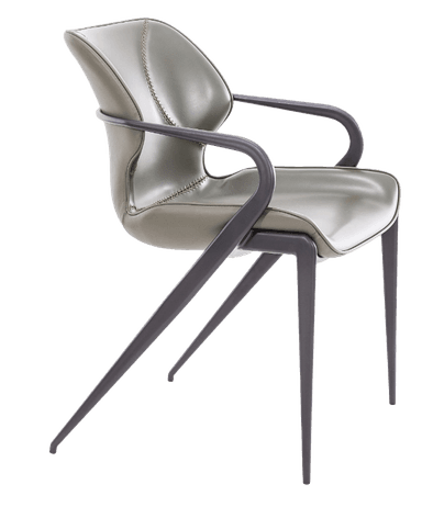 A modern armchair with a sculpted seat and backrest, supported by a dark, angular frame with four tapered legs. The seat and back are upholstered in a smooth, matte, olive-green material with visible stitching details on the backrest. The armrests are integrated into the frame, forming a continuous loop with the back support. — 3D model