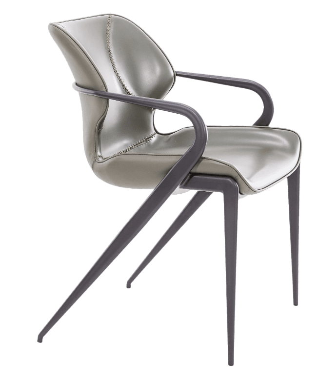 A modern armchair with a sculpted seat and backrest, supported by a dark, angular frame with four tapered legs. The seat and back are upholstered in a smooth, matte, olive-green material with visible stitching details on the backrest. The armrests are integrated into the frame, forming a continuous loop with the back support. — 3D model