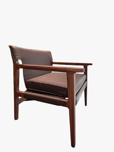 A mid-century modern armchair featuring a solid dark wood frame and dark brown leather upholstery. The chair has a minimalist design with straight lines, exposed wooden armrests, and subtly tapered legs. It includes separate seat and back cushions for comfort. — 3D model