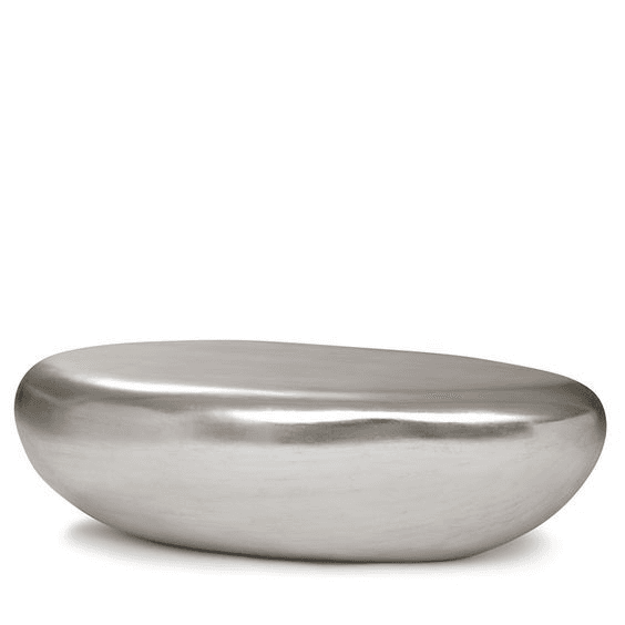 A contemporary coffee table with an organic, pebble-like form. It features a smooth, seamless surface with a highly reflective, metallic finish. The shape is elongated and flattened, with rounded edges and no visible legs, appearing to rest directly on the floor or a subtle base. — 3D model
