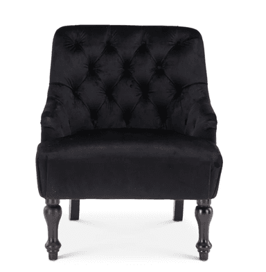 A black velvet tufted armchair featuring rolled arms and turned wooden legs, presented against a white background. The chair's backrest is deeply button-tufted, providing a classic, elegant appearance. The upholstery is a soft, plush velvet material, and the front legs are decoratively turned, contrasting with the simpler, straight rear legs. — 3D model