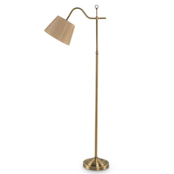 A classic brass floor lamp with a curved arm extending from the main pole to support a pleated fabric lampshade. The lamp features a circular base and a slender, upright pole with subtle decorative banding. The shade is a truncated cone shape and appears to be made of a woven fabric. — 3D model
