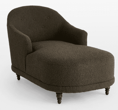 A contemporary chaise lounge upholstered in a textured, dark olive-brown bouclé fabric. It features a curved backrest with button tufting, a single integrated armrest on the left side (from the viewer's perspective), and is supported by four turned wooden legs. — 3D model