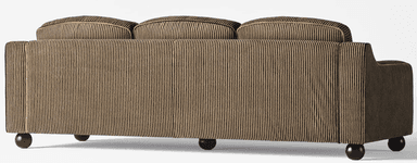 A close-up view of a sofa with a striped upholstery fabric. The sofa features plump cushions, rounded armrests, and short, spherical black legs. The fabric has a ribbed texture with vertical stripes in alternating shades of gold and black. — 3D model