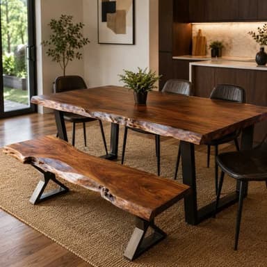 A rectangular coffee table featuring a live-edge wooden top and two black metal U-shaped legs. The top displays natural wood grain and organic, untrimmed edges, while the matte black metal base provides a sturdy and modern contrast. — 3D model