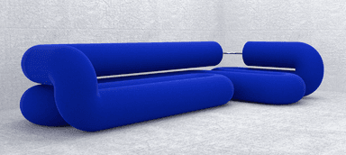 A contemporary sofa with a unique, modular design. It features a series of interconnected, rounded tubular elements that form the seating and backrest. The structure appears to be upholstered in a plush, matte fabric. The overall form is sinuous and organic, with curves and loops creating an inviting and unconventional aesthetic. Two metallic rings are visible at one end, possibly serving as structural connectors or design accents. — 3D model