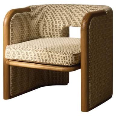 A contemporary armchair featuring a distinctive rounded wooden frame that defines its silhouette. The frame forms the arms and wraps around the back, cradling upholstered panels. A separate, removable seat cushion rests within the frame. The fabric features a subtle geometric woven pattern in beige and light brown tones. — 3D model
