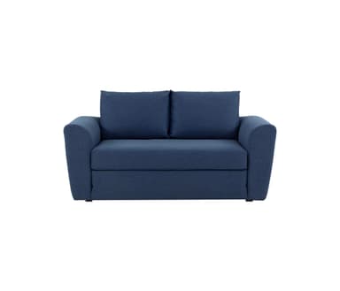 A compact two-seater sofa upholstered in dark blue fabric, designed with a visible fold line suggesting its function as a sofa bed. It features rolled armrests and two loose back cushions. — 3D model