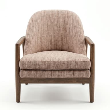 A contemporary lounge chair featuring an exposed dark wood frame and upholstered cushions. The frame has a sleek, sculptural quality with rounded edges and tapered legs. The backrest is gently curved, and the armrests seamlessly connect to the back and front legs. The upholstery is a textured light brown or taupe fabric, covering the seat and back cushions which appear to be removable. — 3D model