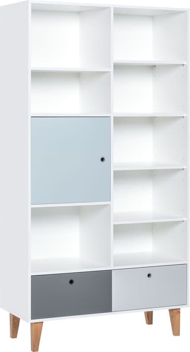 A modern white modular bookshelf featuring an asymmetrical layout of open shelving, a closed cabinet with a light blue-grey door, and two bottom drawers in dark grey and light grey. The unit stands on four splayed wooden legs. — 3D model