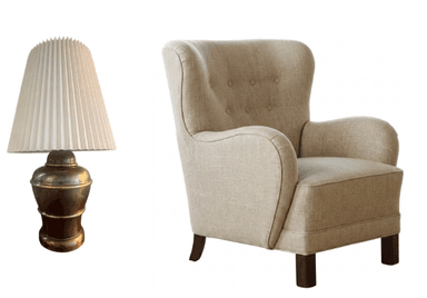 An upholstered wingback armchair featuring a high back with button tufting, rounded winged sides, and rolled arms. The chair is covered in a light beige or natural-toned textured fabric and stands on four dark, square-tapered wooden legs. — 3D model