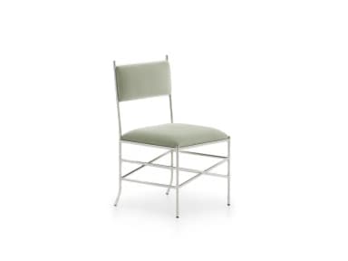 A modern dining chair featuring a polished chrome or stainless steel tubular frame and upholstered seat and backrest in a light green or sage color. The frame includes horizontal and diagonal stretchers for stability, creating an 'X' pattern below the seat. The design is sleek and minimalist. — 3D model