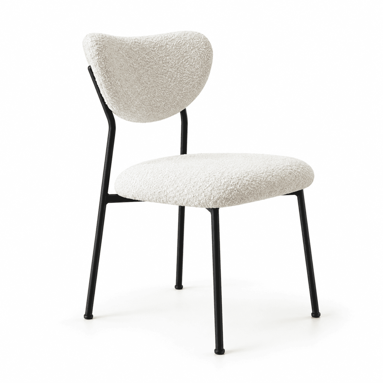 A modern armless chair featuring a black metal frame and soft, textured bouclé upholstery in an off-white color. The backrest has a distinctively curved, organic shape. — 3D model