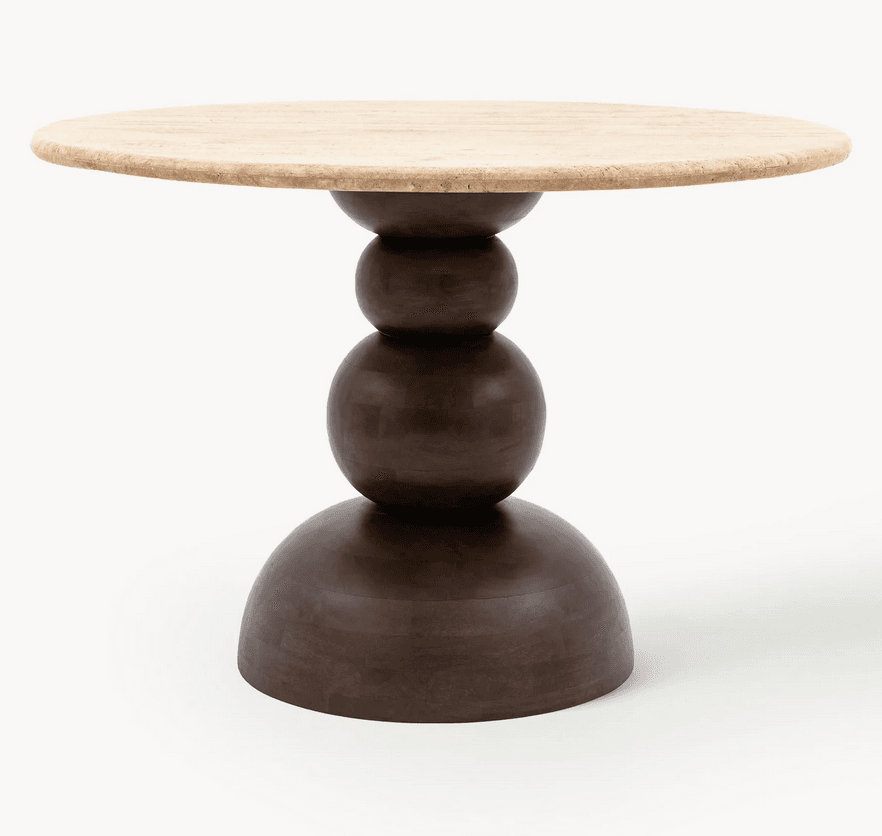 A round accent table with a two-part construction. The tabletop is made of a light-colored, textured material, possibly travertine or a similar stone. The base is composed of stacked spherical and hemispherical elements, carved from a dark-stained wood. The design features a central pedestal with a sculptural, stacked form. — 3D model