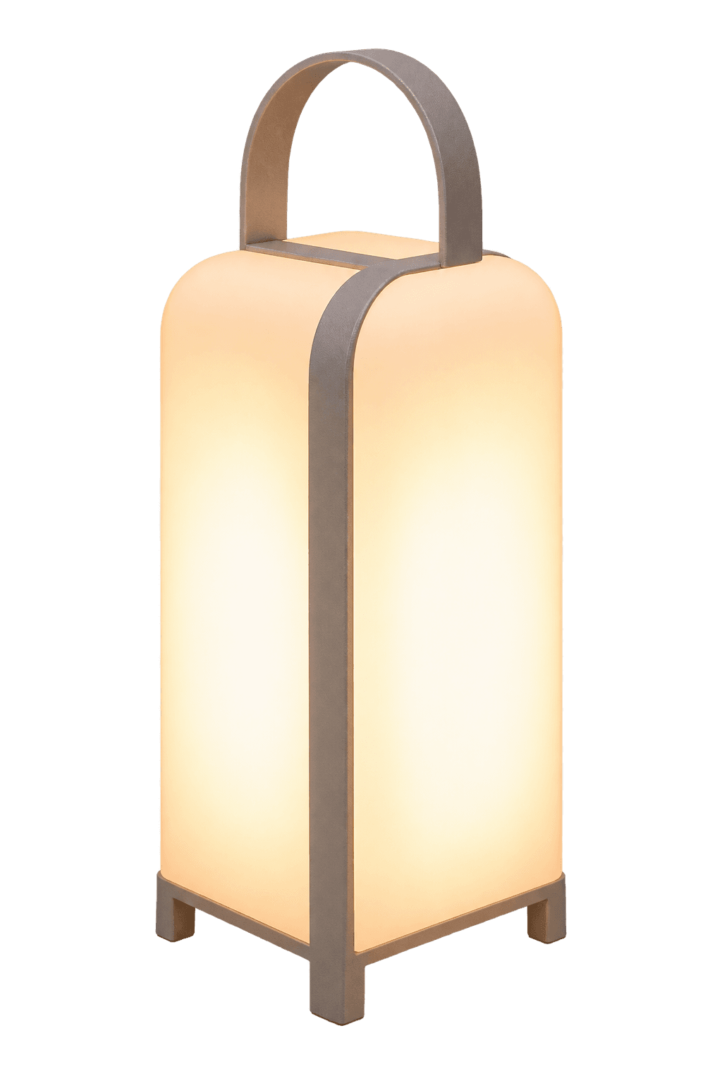 A modern portable LED lantern lamp featuring a rectangular prism shape with rounded edges, a grey-finished frame, and an integrated carrying handle. It emits a warm, diffused light from its translucent panels, suggesting it's designed for ambient illumination and portability. — 3D model