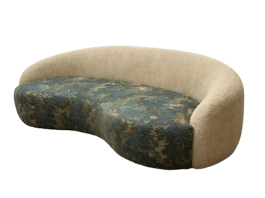 A curved sofa with a solid, rounded backrest and seat cushion. The backrest is upholstered in a textured, light beige fabric. The seat cushion features a dense, repeating pattern of dark green foliage with accents of yellow and brown, resembling pine needles or a similar botanical motif. The overall shape is modern and organic. — 3D model