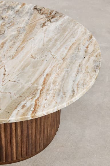 A round coffee table featuring a natural marble top with varied veining and a cylindrical base constructed from vertical fluted wooden slats. The table is relatively low, suitable for a living room setting. — 3D model