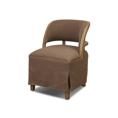 A back view of an armchair featuring a rounded, upholstered seat and backrest with a wooden frame. The wooden frame is composed of curved top and bottom rails connected by vertical supports. The backrest showcases a textured, patterned fabric insert within the wooden frame. The seat is upholstered in a plain, textured brown fabric, and the chair is supported by four tapered wooden legs. — 3D model