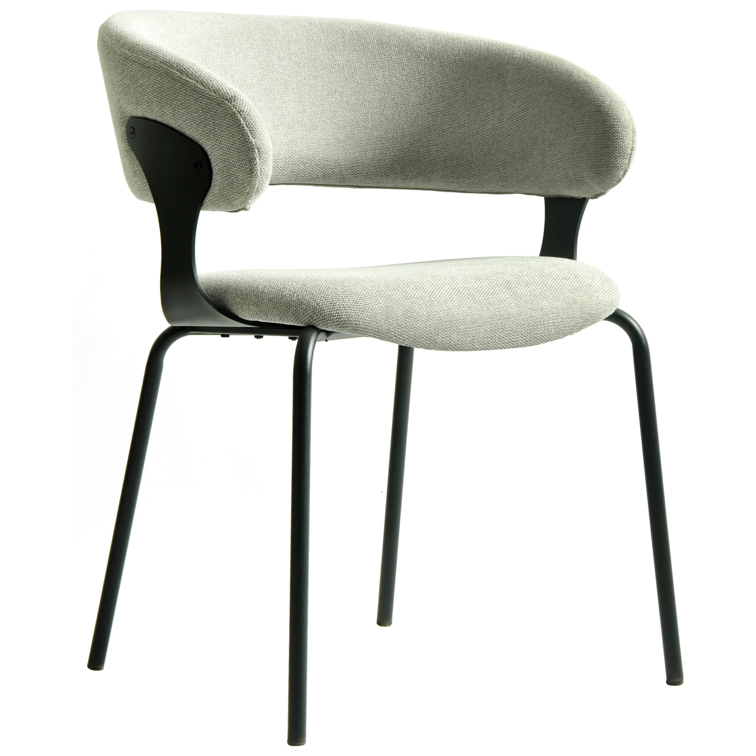 A modern dining armchair featuring a light grey upholstered seat and back, integrated into a single, curving shell. The chair is supported by four slender, black metal legs. — 3D model